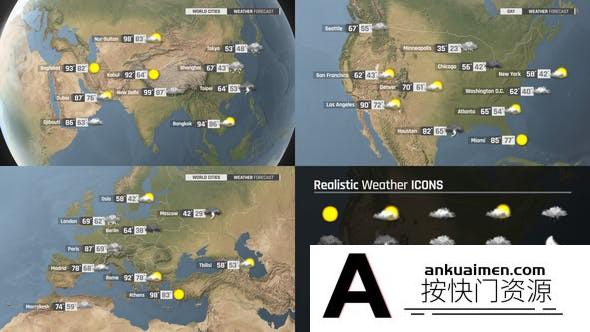 [三维AE模板]三维地球天气预报图标动画AE模板-World Weather Forecast