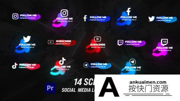 [Premiere模板]PR模板-发光霓虹灯社交媒体标志文本标题模板 Glow Social Lower Thirds