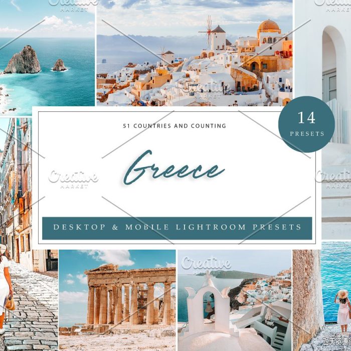 [旅拍LR预设]清新通透希腊旅拍人文风光LR预设/手机APP预设 Lightroom Presets, Greece
