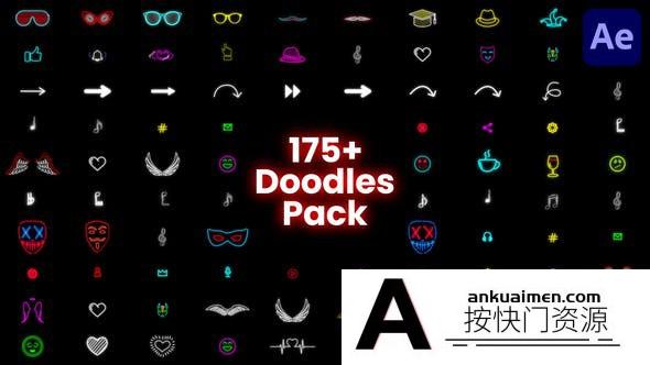 [创意特效]175组霓虹风格涂鸦小元素动画AE模板- Doodle Pack