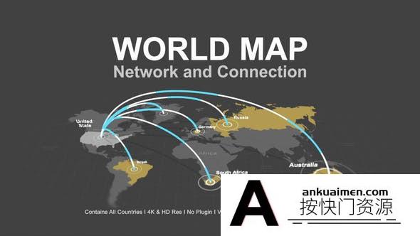 [三维AE模板]三维线条地图地点连线动画AE模板- World Map – Network Connectio