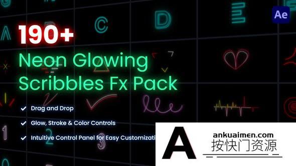 [创意特效]190组霓虹风格图形字母动画AE模板- Scribble & Alphabet Pack