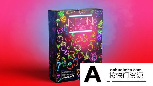 [创意特效]霓虹灯食物图标动画AE模板- Neon Elements Food