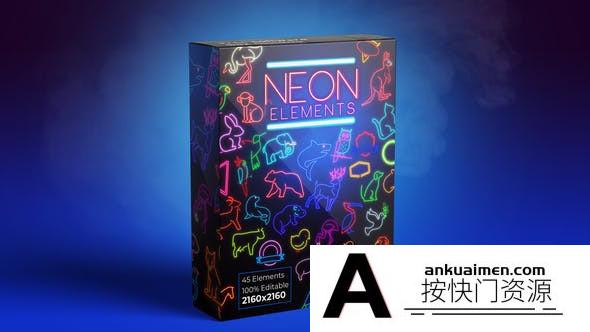 [创意特效]霓虹灯风格动物图标元素动画 AE模板-Neon Elements Animals
