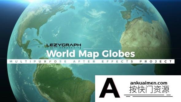 [创意特效]世界地图介绍展示动画AE模板- World Map Globes