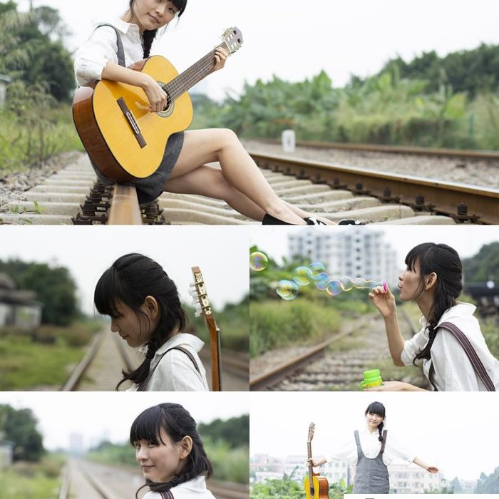 [时尚人像RAW原图]5P铁路外拍拿吉他灰色背带裤美女后期修图练习RAW原图素材