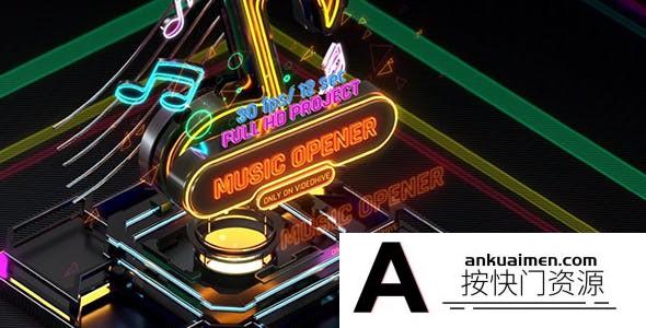 [开场片头]三维霓虹灯风格音乐片头AE模板 Music Opener Neon Style