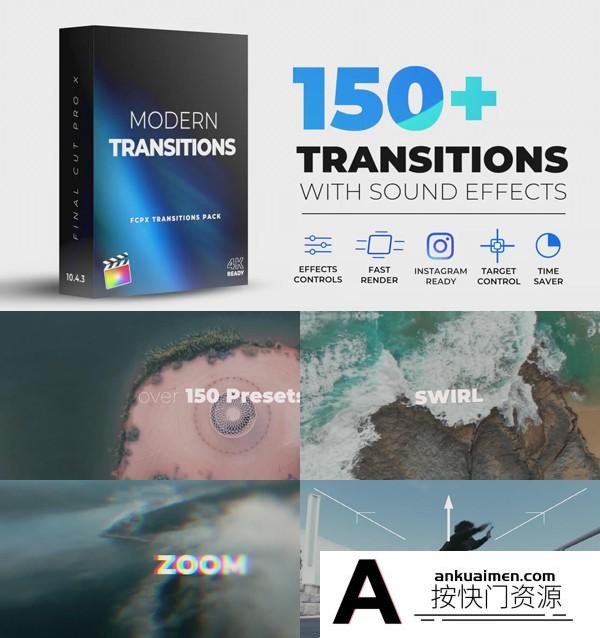 [FCPX发生器]FCPX插件:150组扭曲旋转聚焦冲击移动透视无缝视频转场附音效