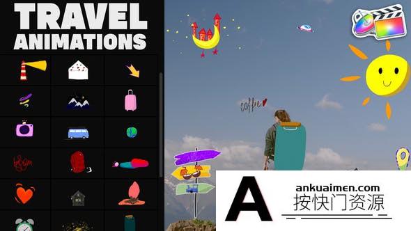 [FCPX发生器]FCPX插件-31组卡通贴纸fcpx插件-Travel Sticke色 支持M1