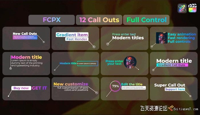 [FCPX标题字幕]FCPX插件-12组彩色渐变效果字幕fcpx插件 Gradient Call Outs 支持M1