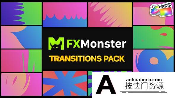 [FCPX发生器]FCPX转场插件-12种二维卡通彩色渐变图形遮罩转场过渡 Colorf…