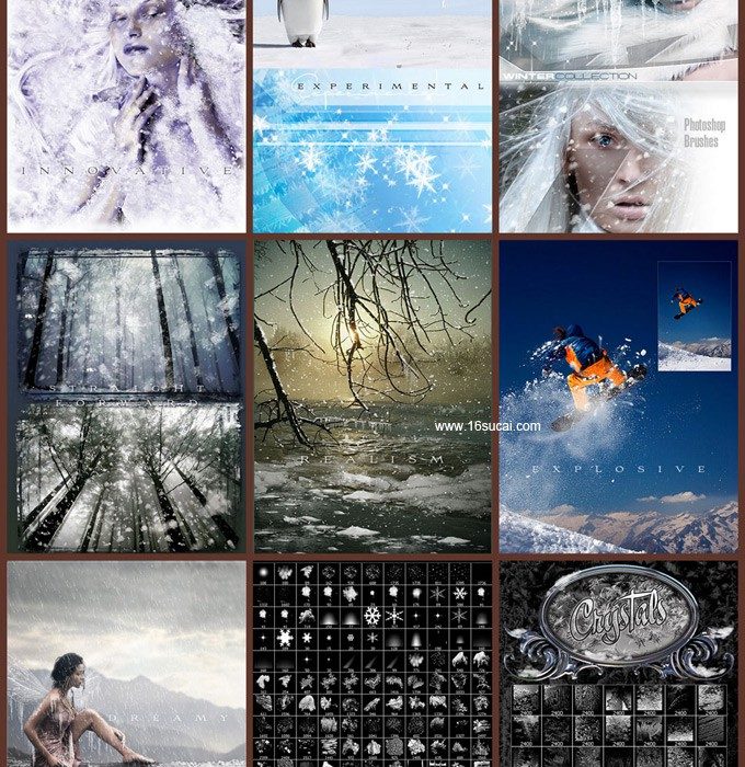 [水花瀑布笔刷]【PS笔刷】雪花下雪笔刷冰晶窗花圣诞节雪花装饰霜花冰凌笔刷