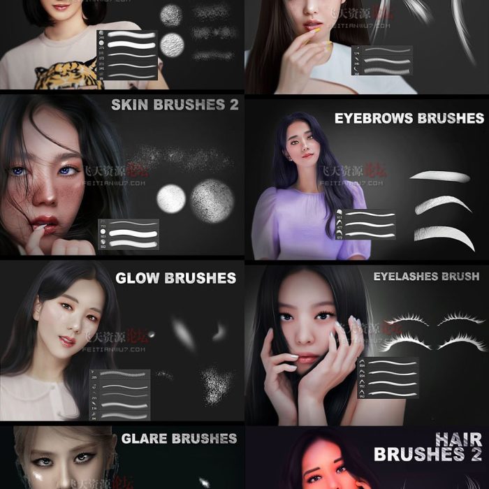 [人物化妆笔刷][插件发布]12套PS人像精修美容修饰头发皮肤睫毛眉毛等PS笔刷套装