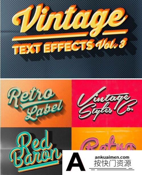 [3D样式][插件发布]PS样式-创意3D复古文字效果PS样式 Vol.3 Vintage Text Effects Vol.3