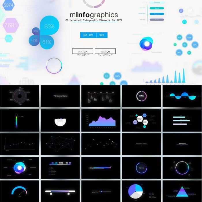 [FCPX发生器]FCPX插件:60组柱状饼状图百分比图形信息图表动画 mInfographics