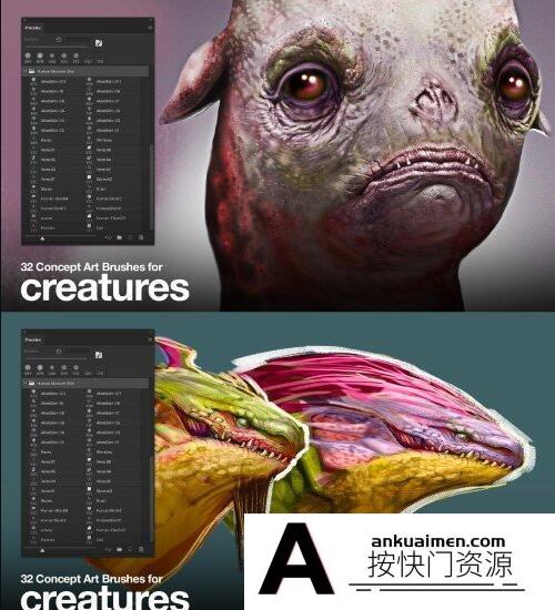 [CG绘画笔刷][插件发布]ArtStation – 32 种CG概念艺术绘画画笔 | 生物笔刷