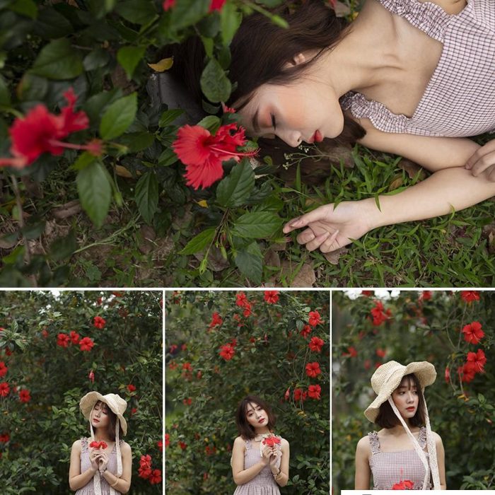[时尚人像RAW原图]美女木槿花下外拍人像RAW30P原图素材-佳能相机原图