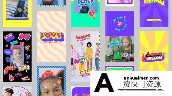 [卡通儿童]卡通文字贴纸装饰包装动画AE模板- Stories Pack with Stickers