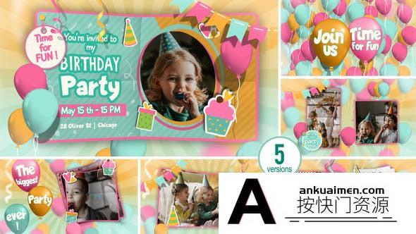 [卡通儿童]卡通儿童小孩生日派对包装片头AE模板- Happy Birthday Invitation and Slideshow