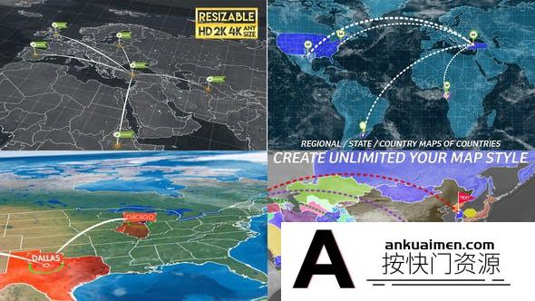 [AE脚本]AE模板-三维摄像机世界军事地图地点定位连线数据信息模版