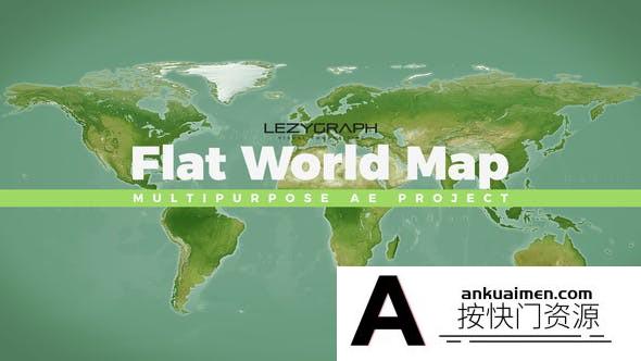 [图片展示]科技感世界地图信息展示动画AE模板- Flat World Map