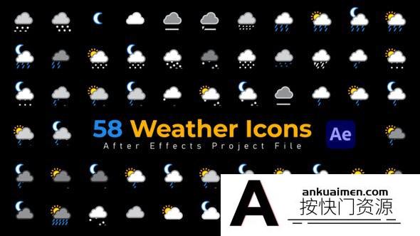 [MG模板]58组天气图标动画AE模板- Weather Icons – 58 Pack