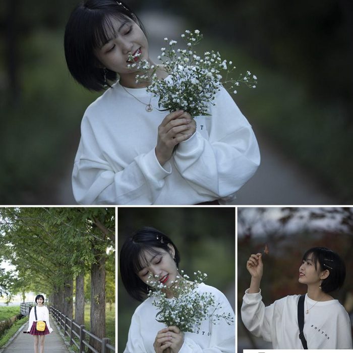 [时尚人像RAW原图]28P公园短发白衣红格短裙青春少女RAW素材,修图练习RAW原图