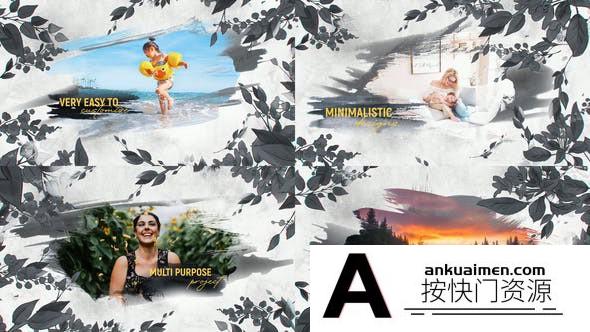 [相册AE模板]水墨笔刷遮罩树叶照片相册片头AE模板- Watercolor Slideshow – Floral