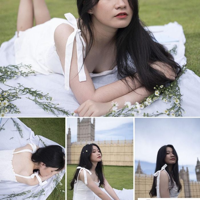 [时尚人像RAW原图]4P清新长发白吊群草地小美女摄影RAW原图修图练习素材
