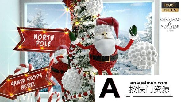 [节日庆典]3D卡通圣诞老人装饰圣诞树场景动画展示节日问候祝福贺卡-AE模板