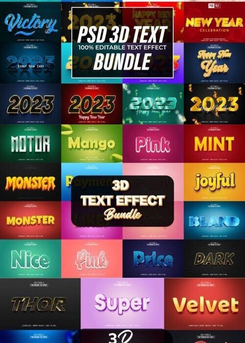 [3D样式][插件发布]2023创意3D文本Photoshop效果样式，PSD文字效果包