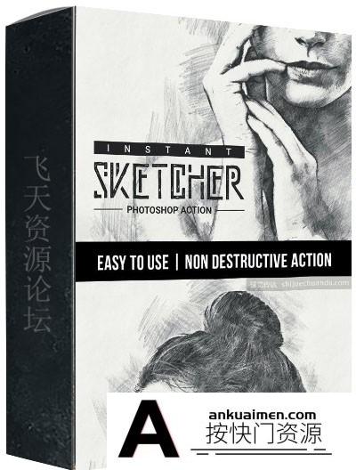 [PS动作下载]照片转素描效果PS动作-Instant Sketcher Photoshop Action 中文版支持CC2021