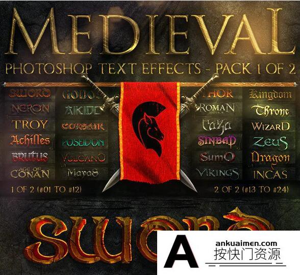 [字体样式][插件发布]哥特风Photoshop文字效果2之1(＃1至＃12)Medieval Photoshop Text Effects