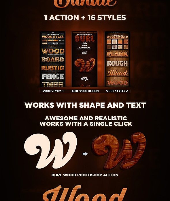 [3D样式][插件发布]3D木纹PS样式  Wood Action & Styles Bundle
