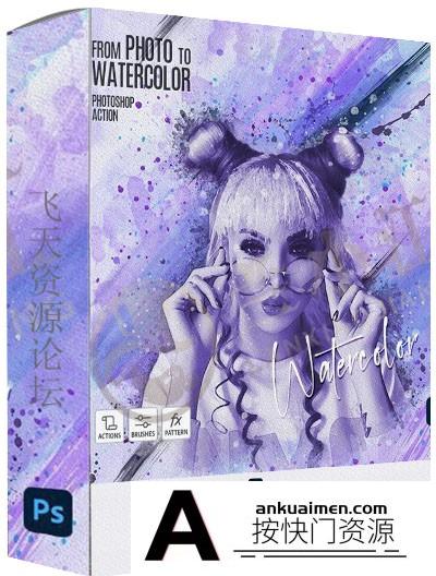 [PS动作下载]逼真浪漫唯美水彩画效果人像艺术图像处理特效PS动作支持CC2021 中文版