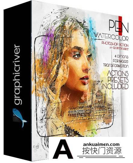 [PS动作下载]钢笔水彩绘画效果Photoshop动作 Pen Watercolor Photoshop Action附视频教程