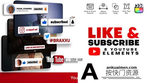 [FCPX发生器]fcpx插件-视频博主喜欢点赞和订阅模板Like and Subscribe 支持M1
